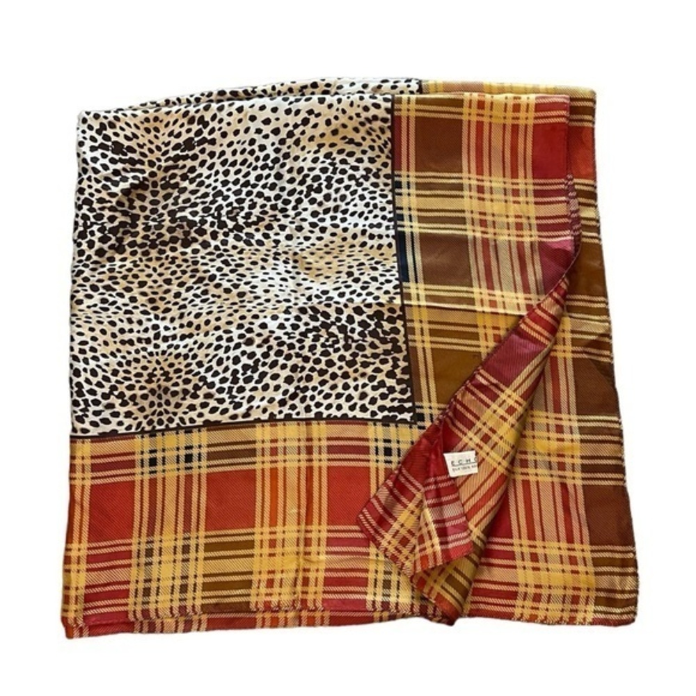 Echo Plaid and Animal Print Silk Scarf in Red, Yellow, Brown, Cream